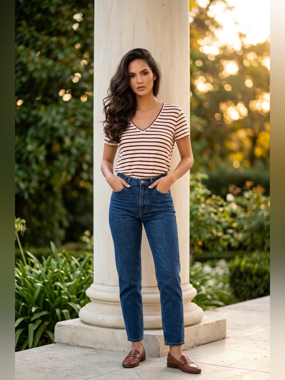 Bordeaux Striped V-Neck Short Sleeve Tee in Cream and Red Brown